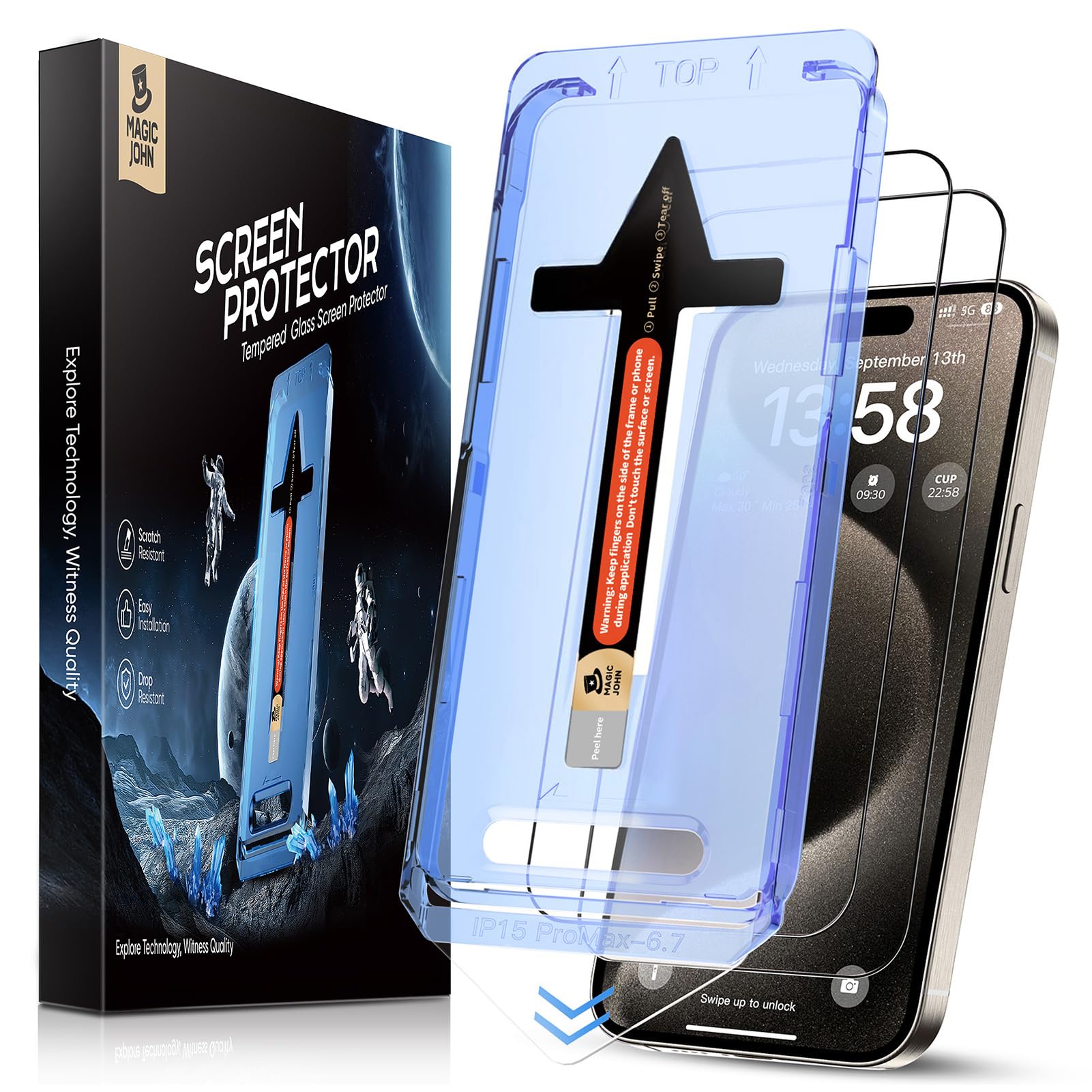 MAGIC JOHN 2 Pack for iPhone 15 Pro Max 6.7 inch Tempered Glass Screen Protector, Auto Dust-Elimination Installation, Bubble Free, Dynamic Island Compatible, HD Clear, Easy Installation