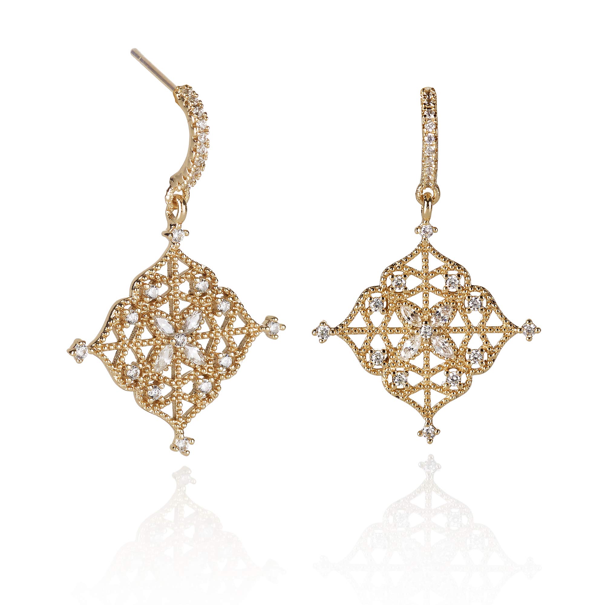 Namana Arabesque Drop Earrings. Earrings for Women set with Cubic Zirconia Gemstones on Intricate Filigree Details. Gold Dangly Earrings for Women with Gift Box