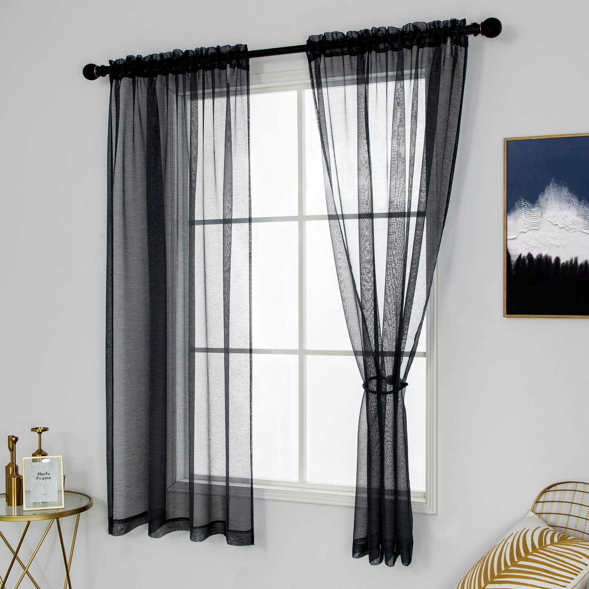 DUALIFE Black Sheer Curtain for Living Room Voile Window Curtain Panels/Drapes for Bedroom 54 Inch Length for Loft Small Windows Short 52x54 Inch 2 Panels Rod Pocket