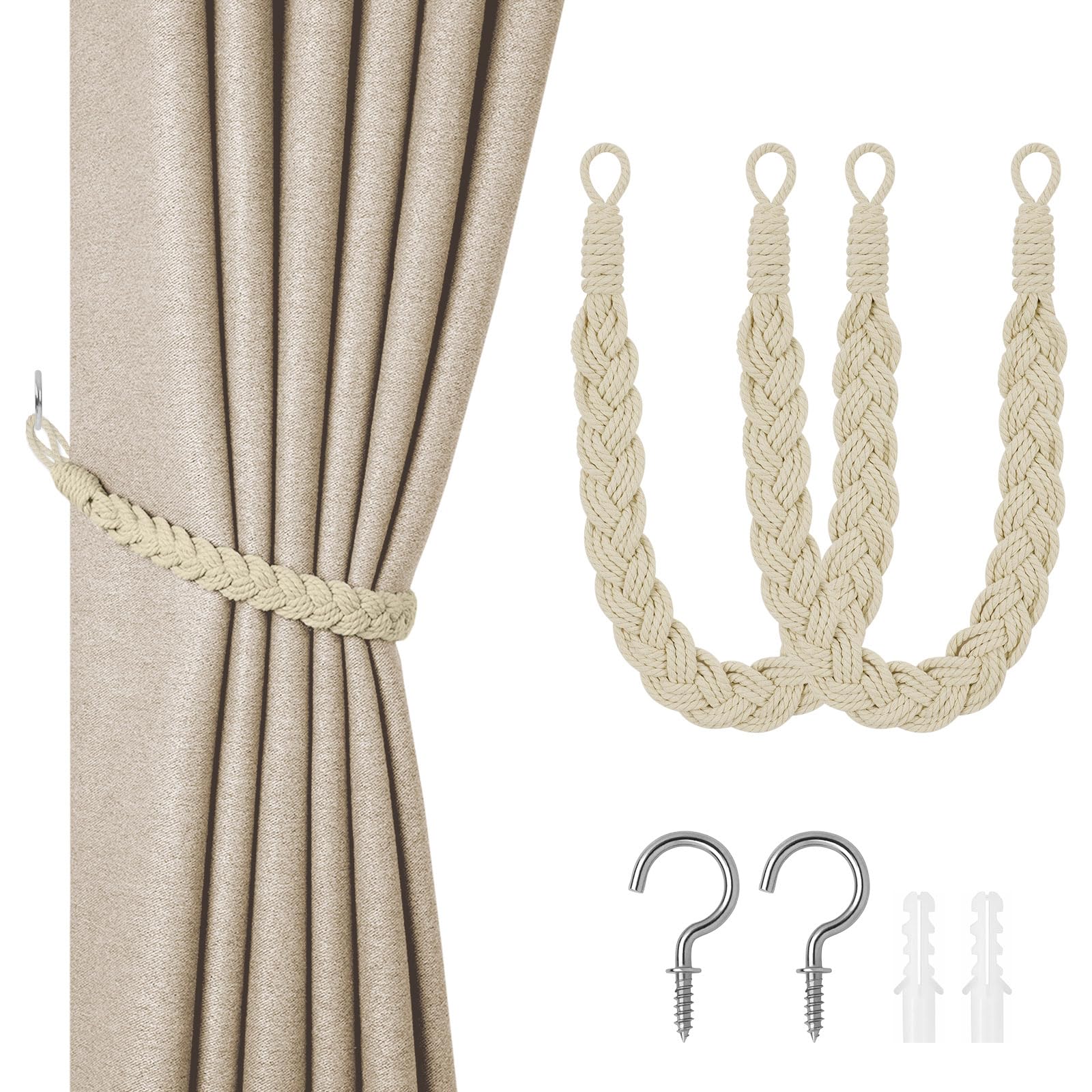 HOTUT Cotton Curtain Ties, 2 PCS, Hand Knitted, Off white