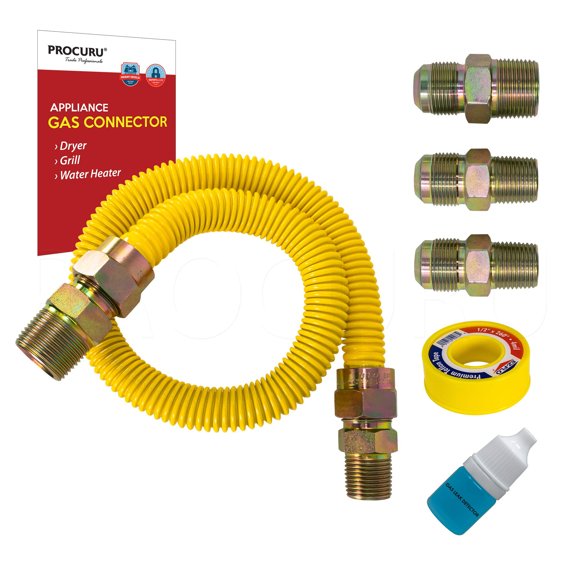Photo 1 of PROCURU 1/2" OD x 24" (2Ft) Universal Flexible Gas Connector Kit, SafeGuard Yellow-Coated Stainless Steel Gas Supply Pipe for Dryers, Bbq Grills, Water Heaters (Red-A1 Series)