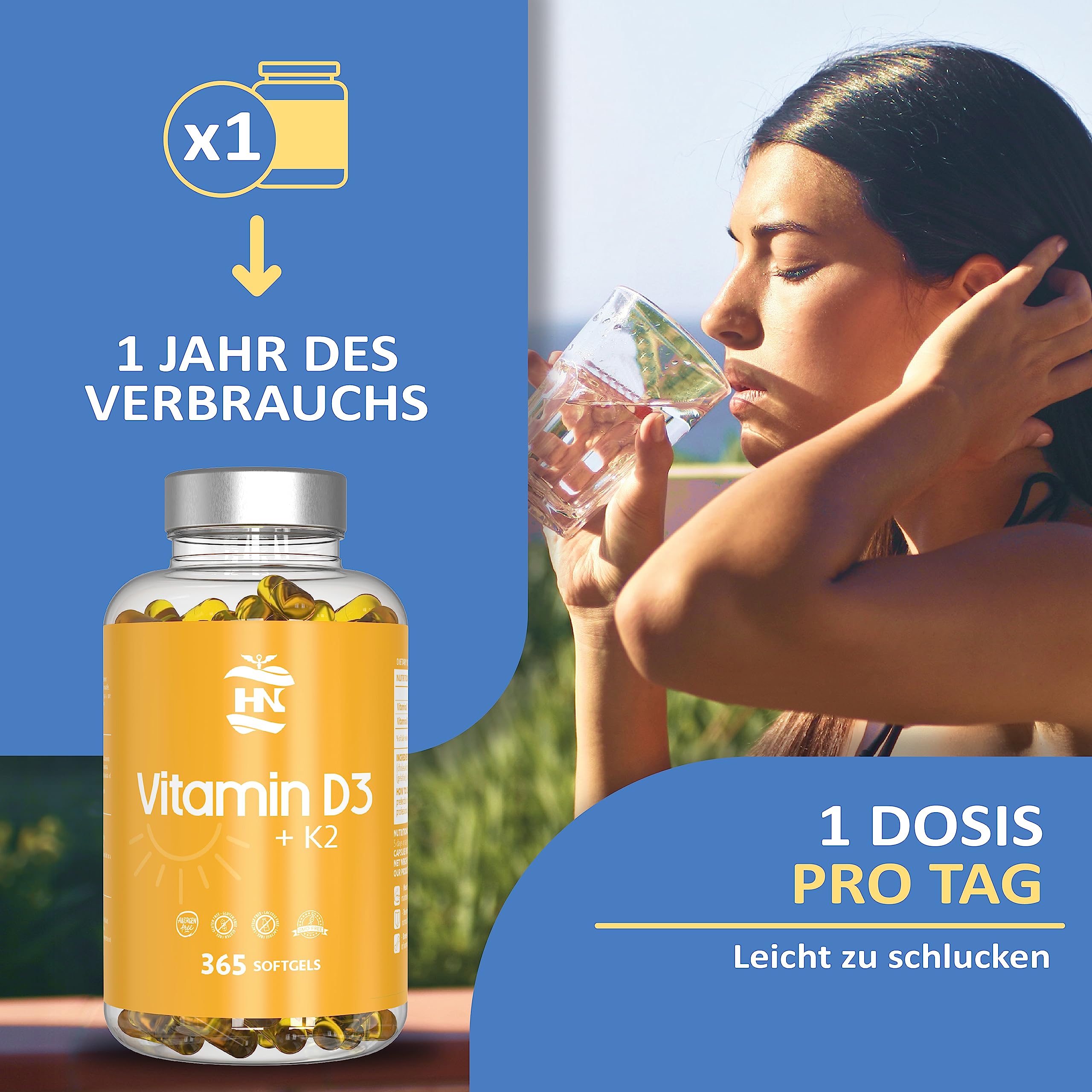 Vitamin D. (5000 IE) 365 Kapseln Vitamin D3 + K2 Hochdosiert Unterstützt Immun Und Knochenfunktion Hohe Konzentration Antioxidantien Antifettiga Weichkapseln Premium 6