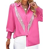 MYMORE Women's ❷⓿❷❺ Smocked Cuffed Western Cowgirl Button Down Shirt Long Sleeve Sparkly Fringe Tops Country Concert Outfit