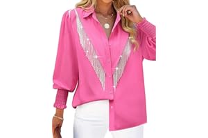 MYMORE Women's ❷⓿❷❺ Smocked Cuffed Western Cowgirl Button Down Shirt Long Sleeve Sparkly Fringe Tops Country Concert Outfit