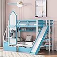 Merax Twin Over Twin Castle Shape Bunk Bed with Slide, Storage Stairway Staircase, 2 Drawers and 3 Shelves, Blue