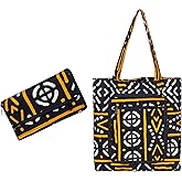 Washable Lightweight Foldable African Ankara Wax Cotton Fabric Reusable Tote Shopping Grocery Bag with Zipper Pocket
