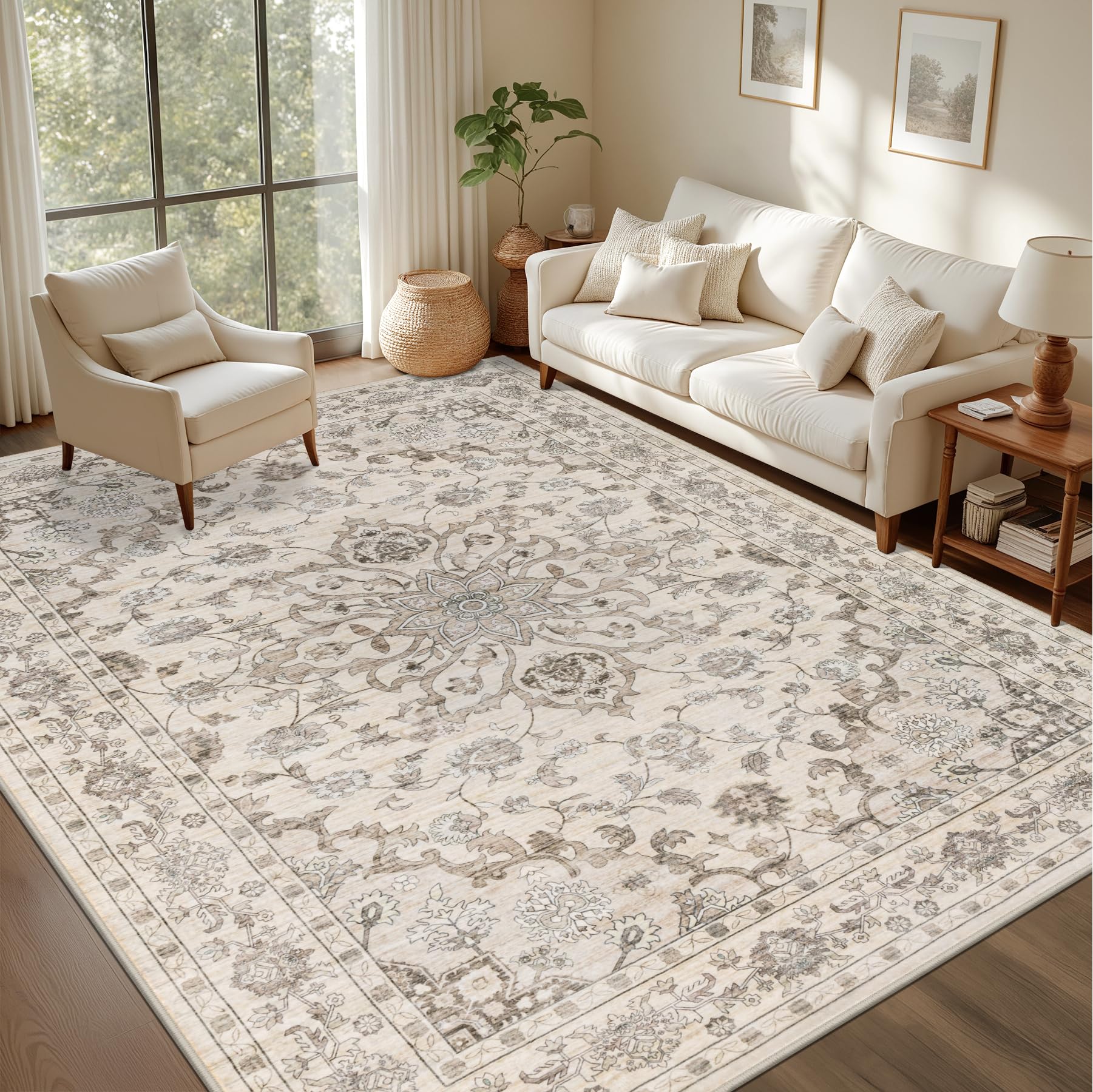 Photo 1 of 5x7 Area Rugs Living Room Rug: Washable Vintage Distressed Floral Rug No Slip Stain Resistant Soft Carpet Indoor Large Carpets for Bedroom Dining Room Farmhouse Nursery Hallway Home Office Brown Beige