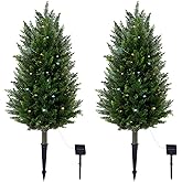 Pair Artificial Cedar Topiary Christmas Trees, 3ft UV-Resistant Faux Cypress shrubs w/Ground Spikes (Including Lights),Tall Evergreen Decorative Plants for Outdoor & Indoor Porch, Patio, and Garden