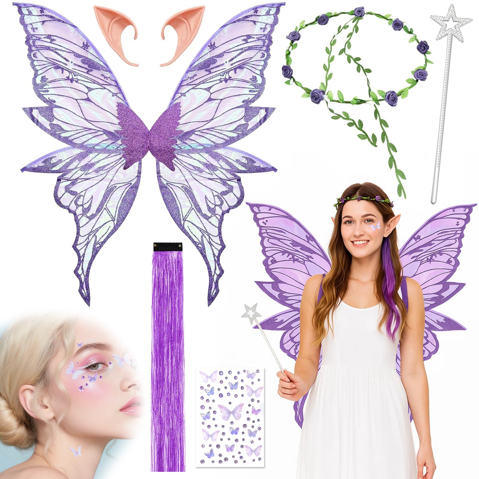 Fairy Wings, Butterfly Wings Adults, 6 PCS Fairy Wings Adult Set with Sparkling Sheer Wings Flower Headband Elf Ears Star Wand Hair and Stickers, Angel Costume Accessories for Halloween Carnival Party