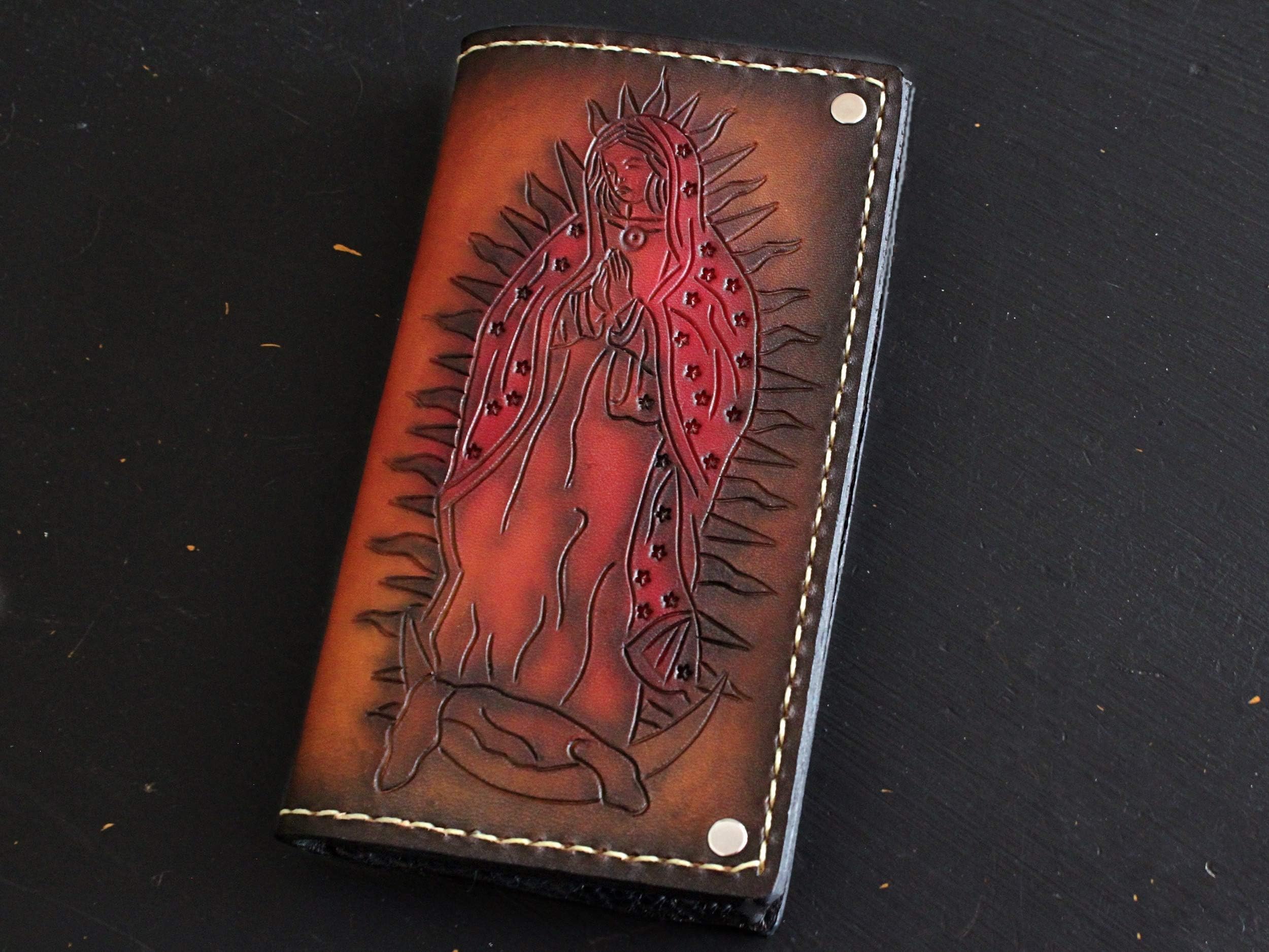 HandmadeMen's Tooled Leather Virgin Mary Wallet with Personalization