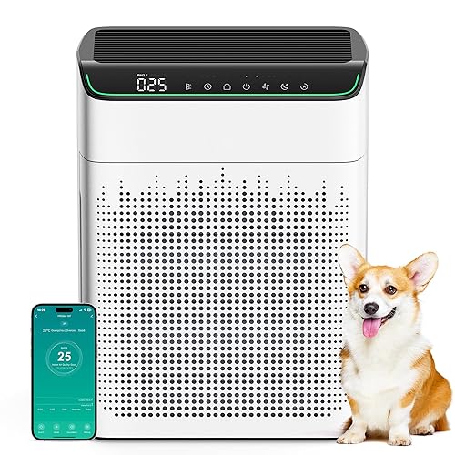 MERONTE Air Purifiers for Home Large Room Up to 1690 ft² with PM 2.5 Air Quality Monitor WiFi and Alexa compatible Double-sided Air Inlet for Smoke and Odor 1 Pack+2 Pack HEPA Filters White