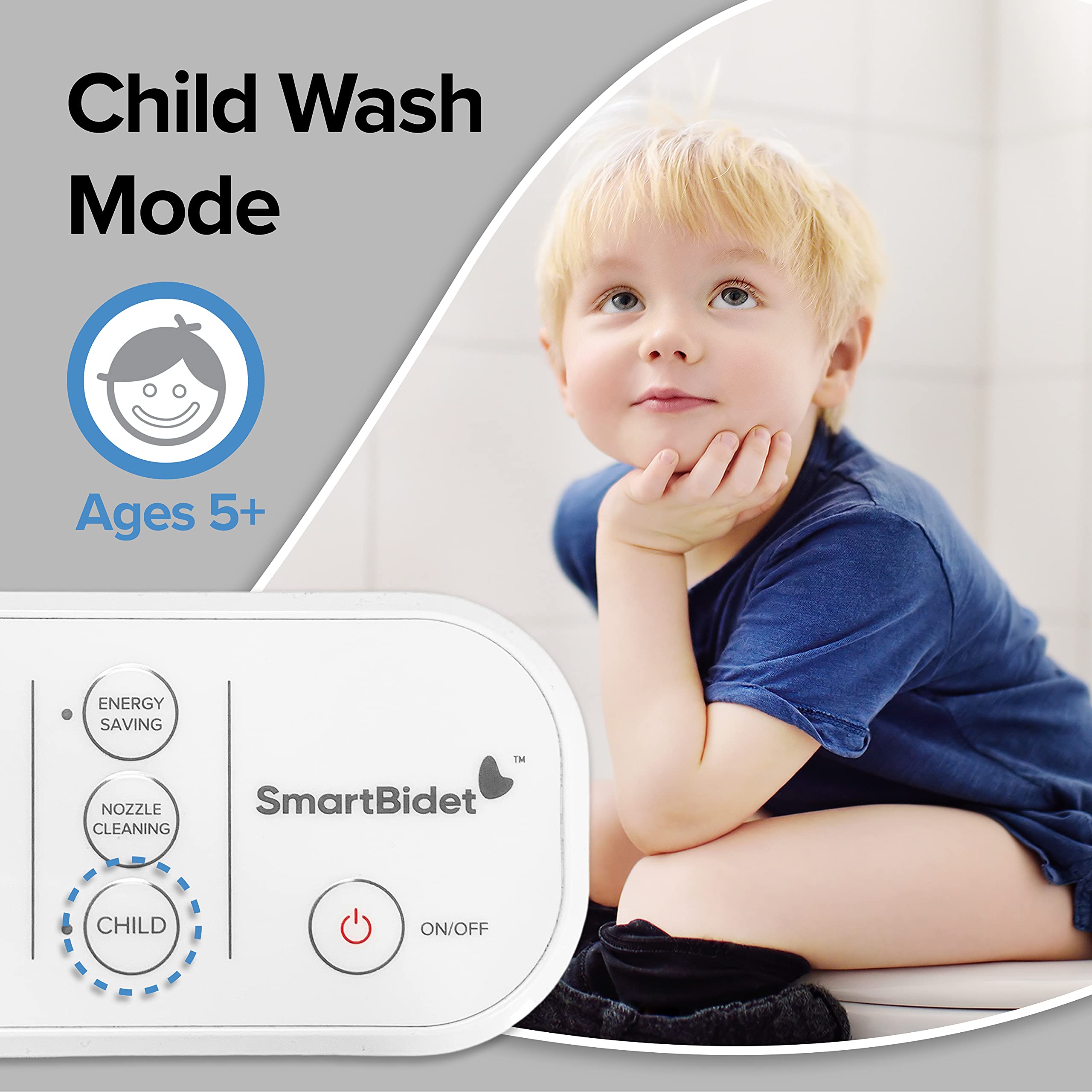 SmartBidet SB-100C Electric Bidet Seat for Elongated Toilets with Control Panel, Massage Wash, Child Wash, Heated Water and Seat