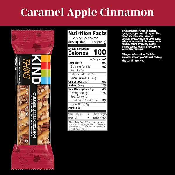 KIND THINS SNACK BARS, CARAMEL APPLE CINNAMON, GLUTEN FREE, LOW CALORIE, HEALTHY SNACKS, 5G SUGAR, 10 COUNT