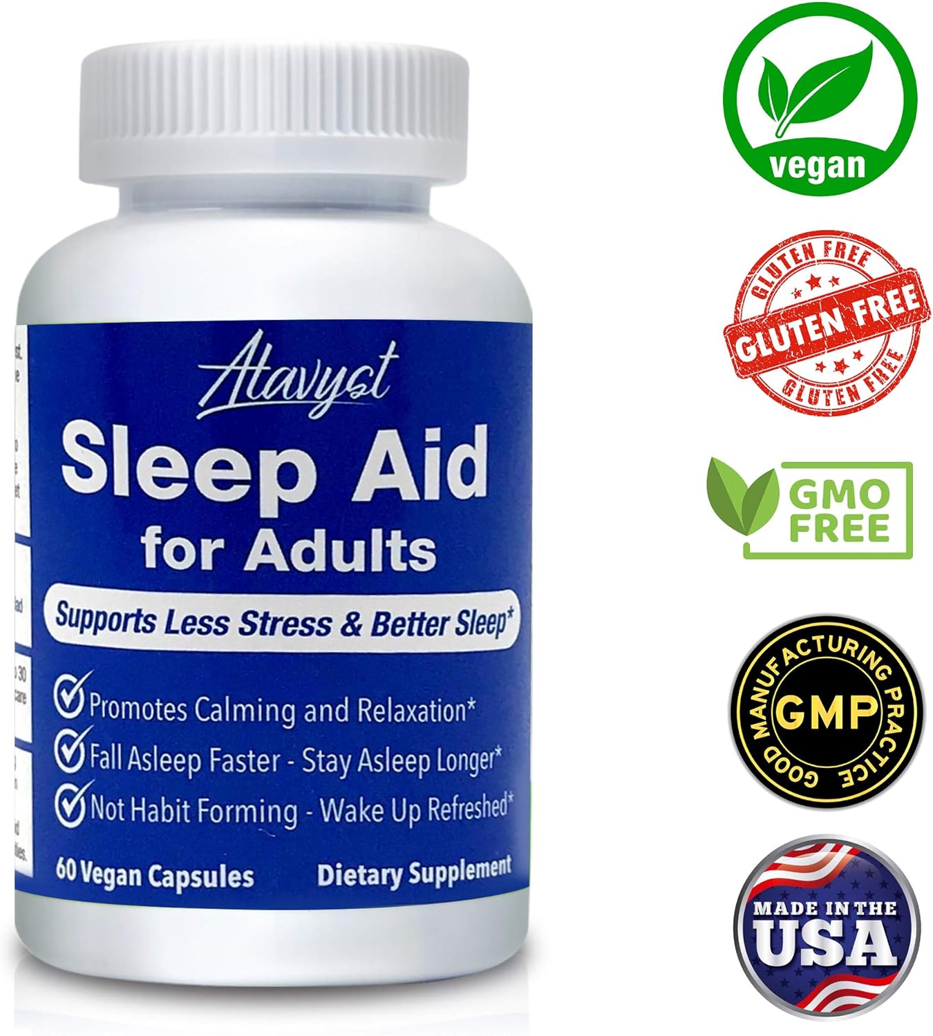 Atavyst Sleep Aid for Adults - Supports Relaxation, Calming and Sleep - Valerian Root, L-Theanine, Melatonin and GABA - Includes Extracts of Chamomile, Passion Flower, Lemon Balm and Hops: Health & Personal Care