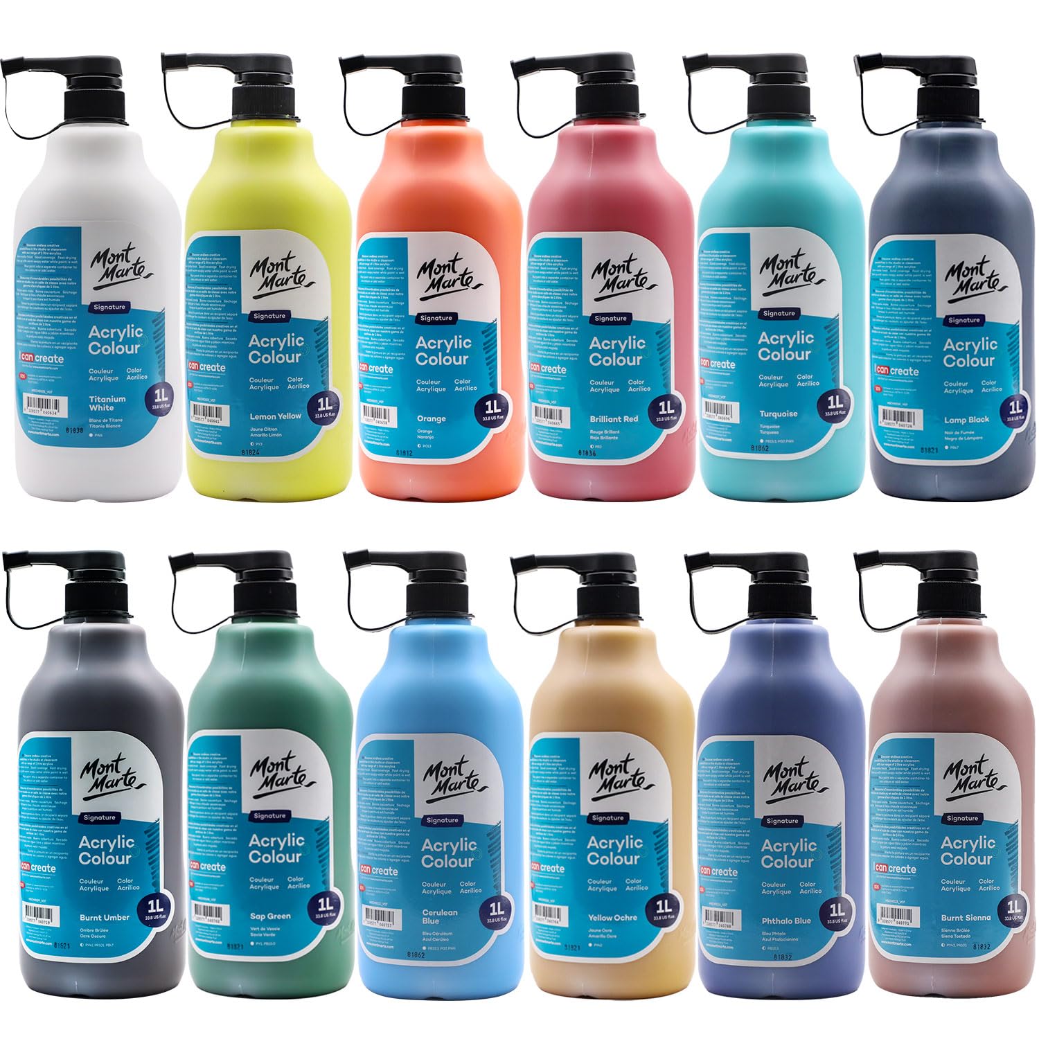 MONT MARTE Signature Acrylic Colour Paint Set, 12 x 33.8oz (1L), Semi-Matte Finish, 12 Colors, Suitable for Canvas, Wood, Fabric, Leather, Cardboard, Paper, MDF and Crafts
