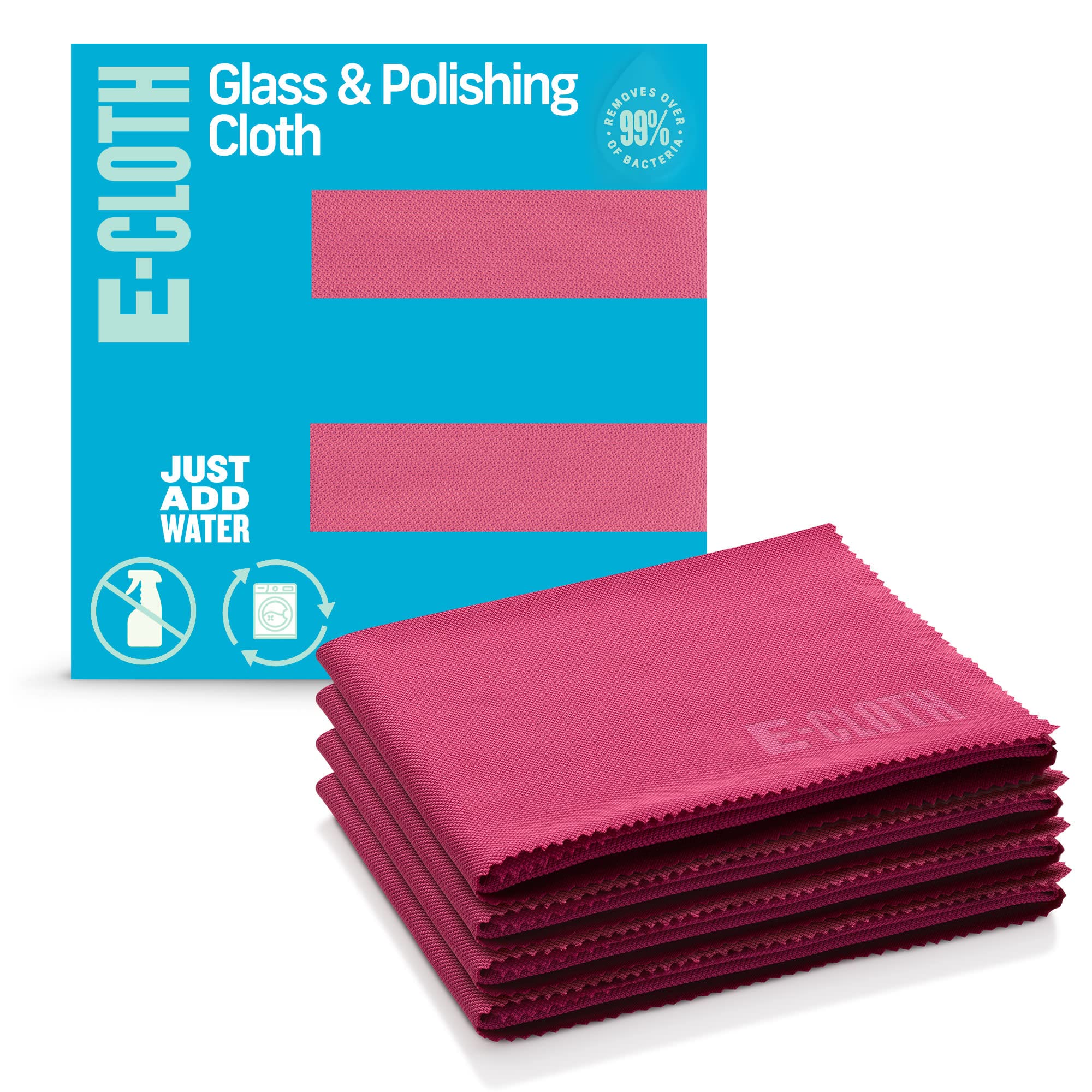 E-Cloth 4-Pack Glass & Polishing Cloth, Sustainable Microfibre Cleaning Cloth Set, Perfect Cleaner for Glass, Windows and Mirrors, Washable and Reusable, 100 Wash Promise, Raspberry Pink
