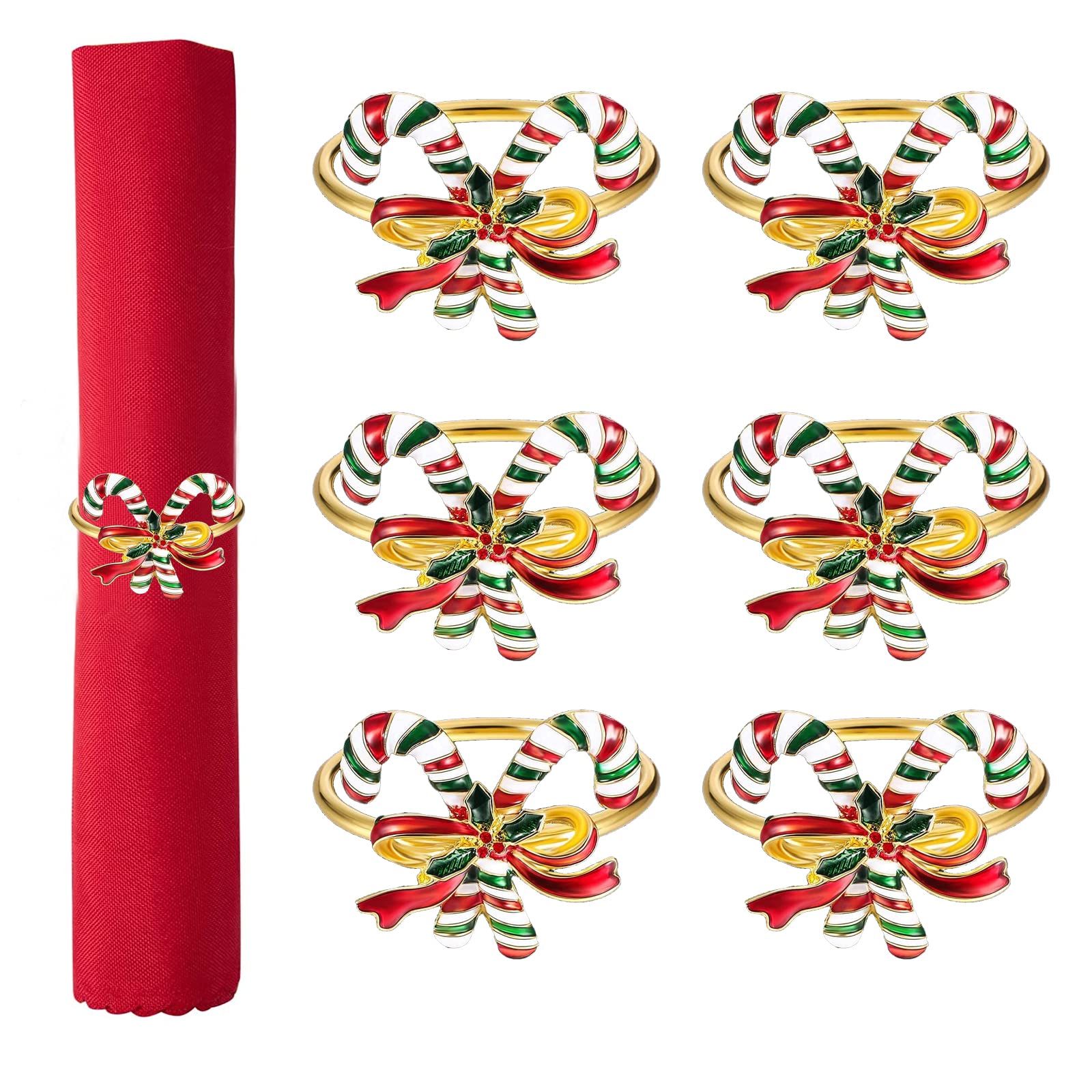 Christmas Napkin Rings Gold,6PCS Bow Bowknot Candy Canes Napkin Holders for Tables,Metal Dinner Napkin Buckle Holder for Christmas Table Decoration Party Thanksgiving Party Holiday Wedding