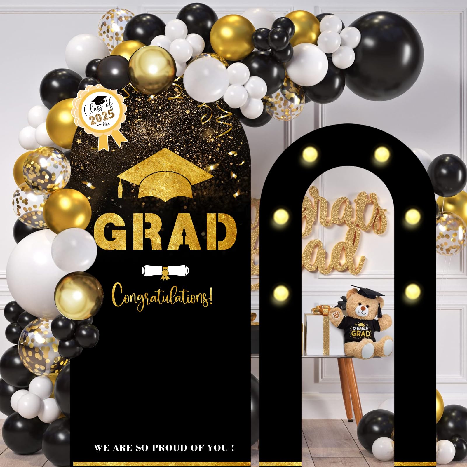 Ruxion 2025 Grad Arch Backdrop Stand Cover,5.6Ft,5.2Ft Black Gold Round ...