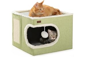 Garnpet Cat Bed for Indoor Cats Cube House, Covered Cat Cave Beds & Furniture with Scratch Pad and Hideaway Tent, Cute Modern Cat Condo for Multi Small Pet Large Kitten Kitty, Green