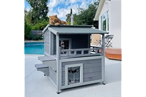 Aivituvin 2 Story Cat House with Large Balcony, Indoor Cat Condo Outdoor Cat Shelter, Wooden Kitty Home with PVC Door Strip