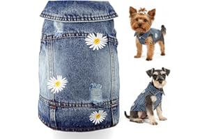 PAWSTRIP Dog Denim Jacket with Embroidered Daisy, Ripped Vintage Jean Vest for Small Dogs, Pugs, Chihuahuas, Spring Summer Autumn Festival Outfit (L)