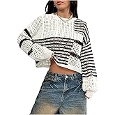 SweatyRocks Women's Striped Crop Pollover Sweater Hollow Out Long Sleeve Sweater Goth Outfits