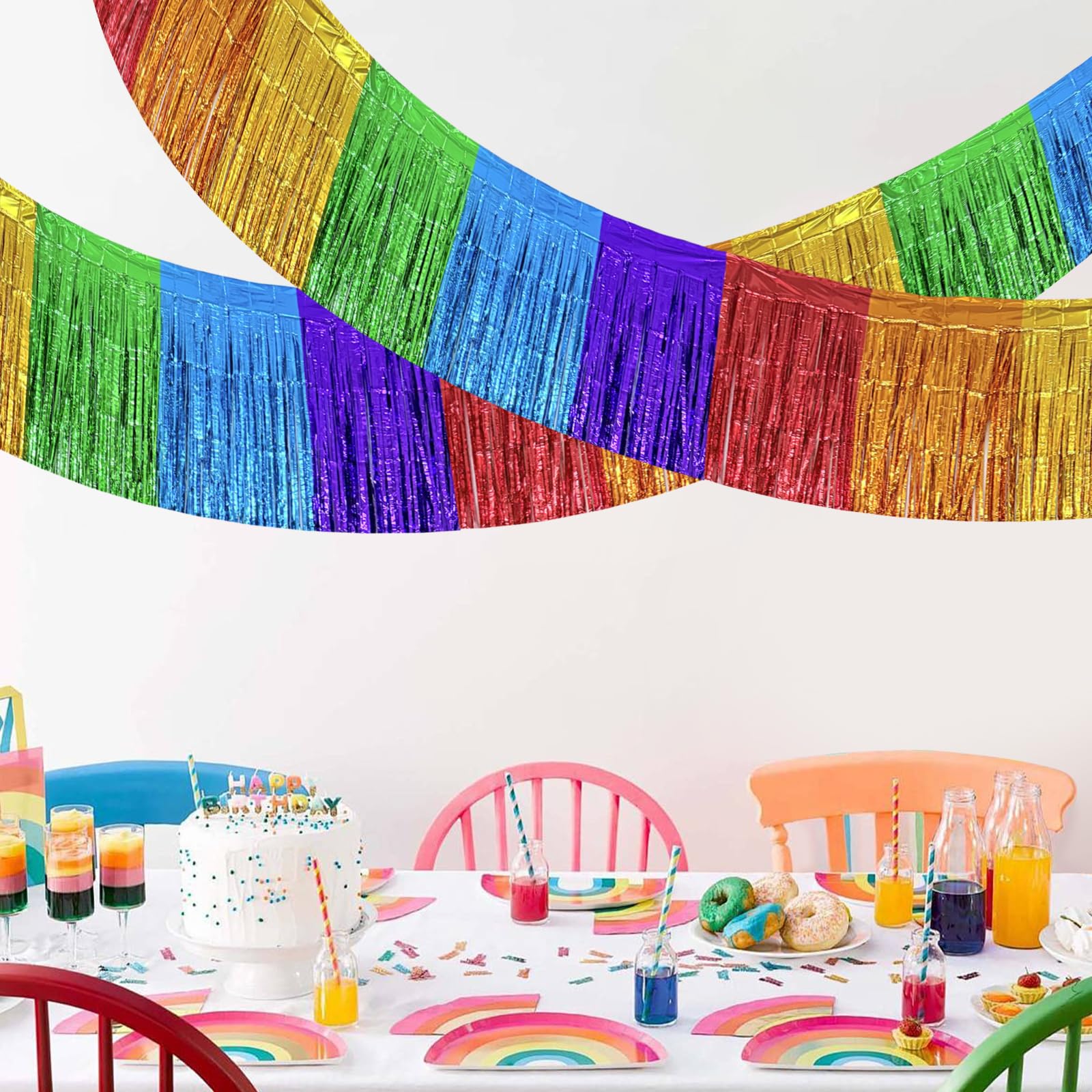 2 Pack 40 x 300 cm Rainbow Metallic Foil Fringe Garland, Colourful Hanging Tinsel Banner Streamers for Birthday, Wedding, Pride Month, Graduation, Carnival Parade Float Skirting Party Decorations