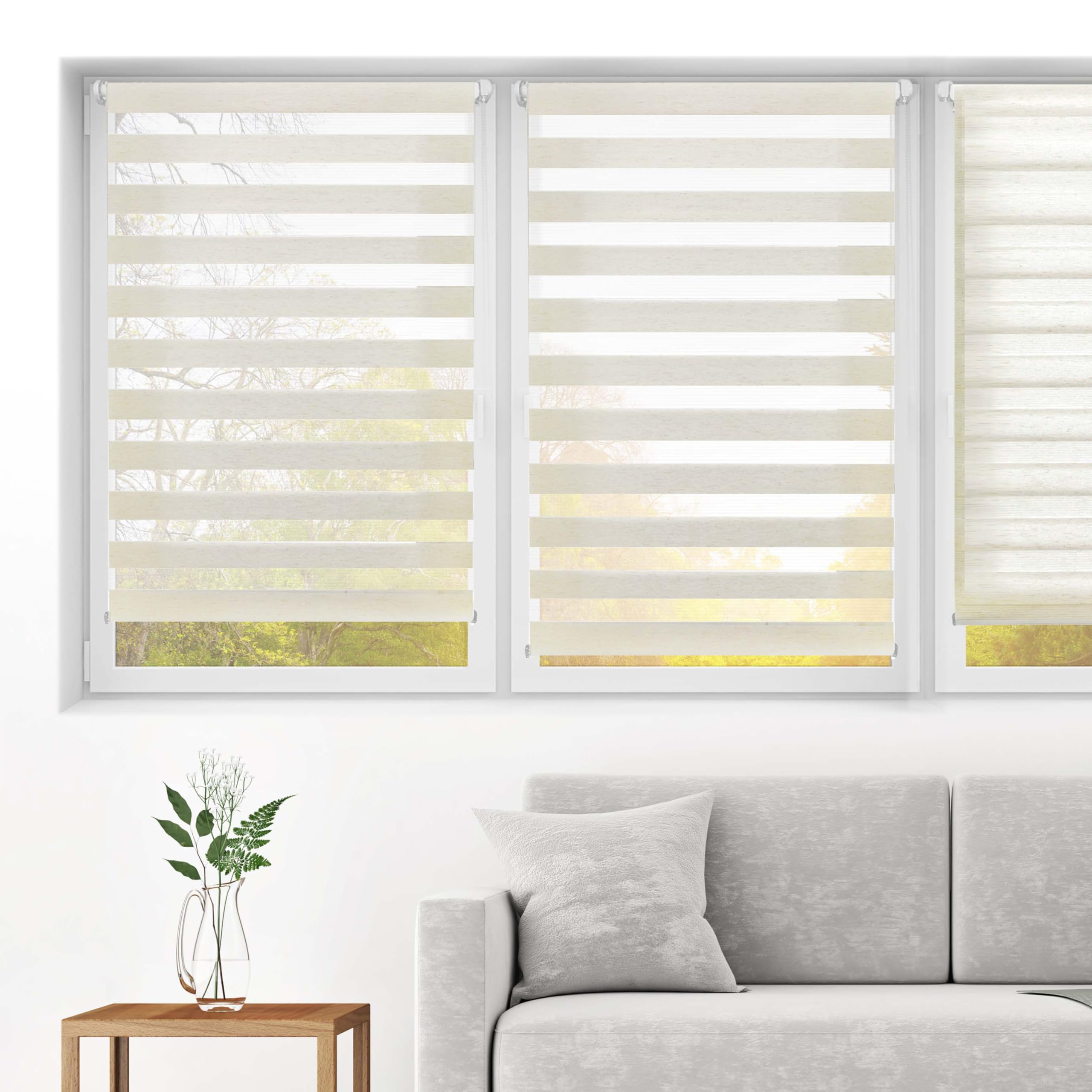 Blindecor - Indus "NO TOOLS REQUIRED". Double layered roller blind, Night and Day. Linen - Cream. 52x180 cm (width x length)