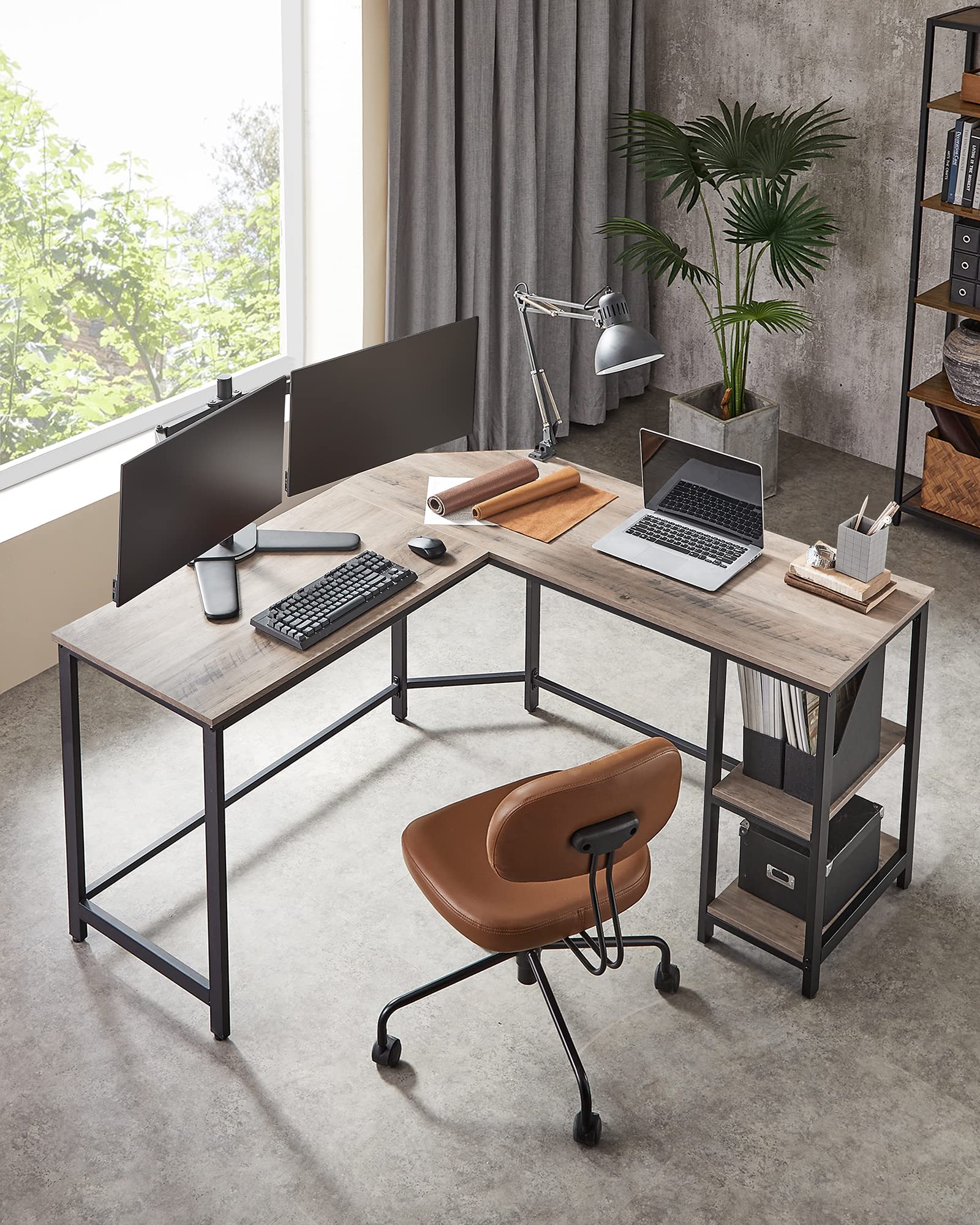VASAGLE L-Shaped Computer Desk, Corner Desk, Office Study Workstation with Shelves for Home Office, Space-Saving, Easy to Assemble, Industrial, Greige and Black ULWD72MB