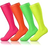 Chicingyou 4 Pairs Neon Knee High Socks Solid Color Unisex Long Tube Athletic Knee High Calf Neon Roller Skate Socks for Roller Skating Month Party Outdoor Sports Soccer Training