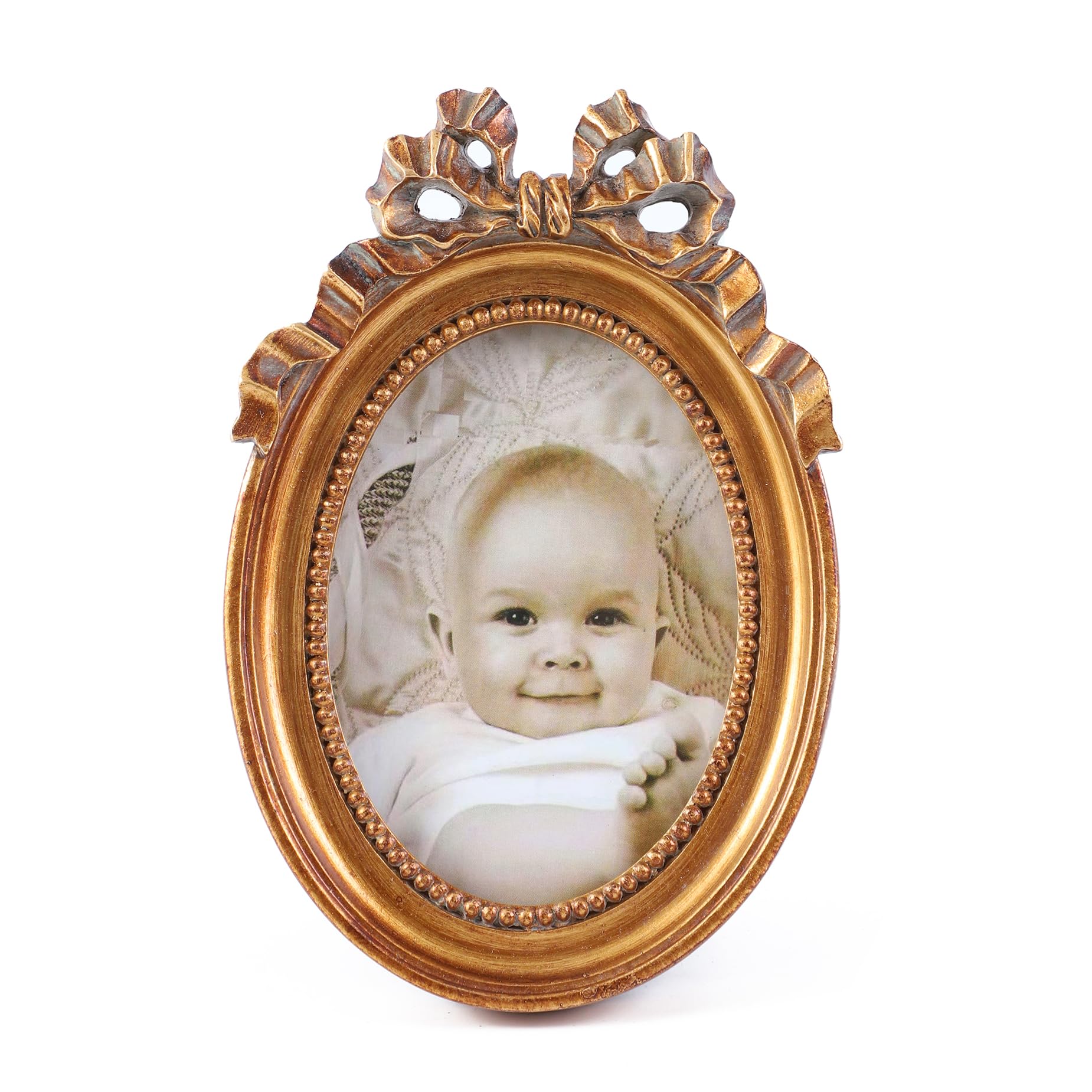Photo 1 of Kangce Vintage Picture Frames 2.5x3.5 Ornate Wallet Size Oval Small Bronze Picture Frames for Tabletop and Wall Mount Retro Home Decor Antique Wall Decor with Embossed Bead and Bow