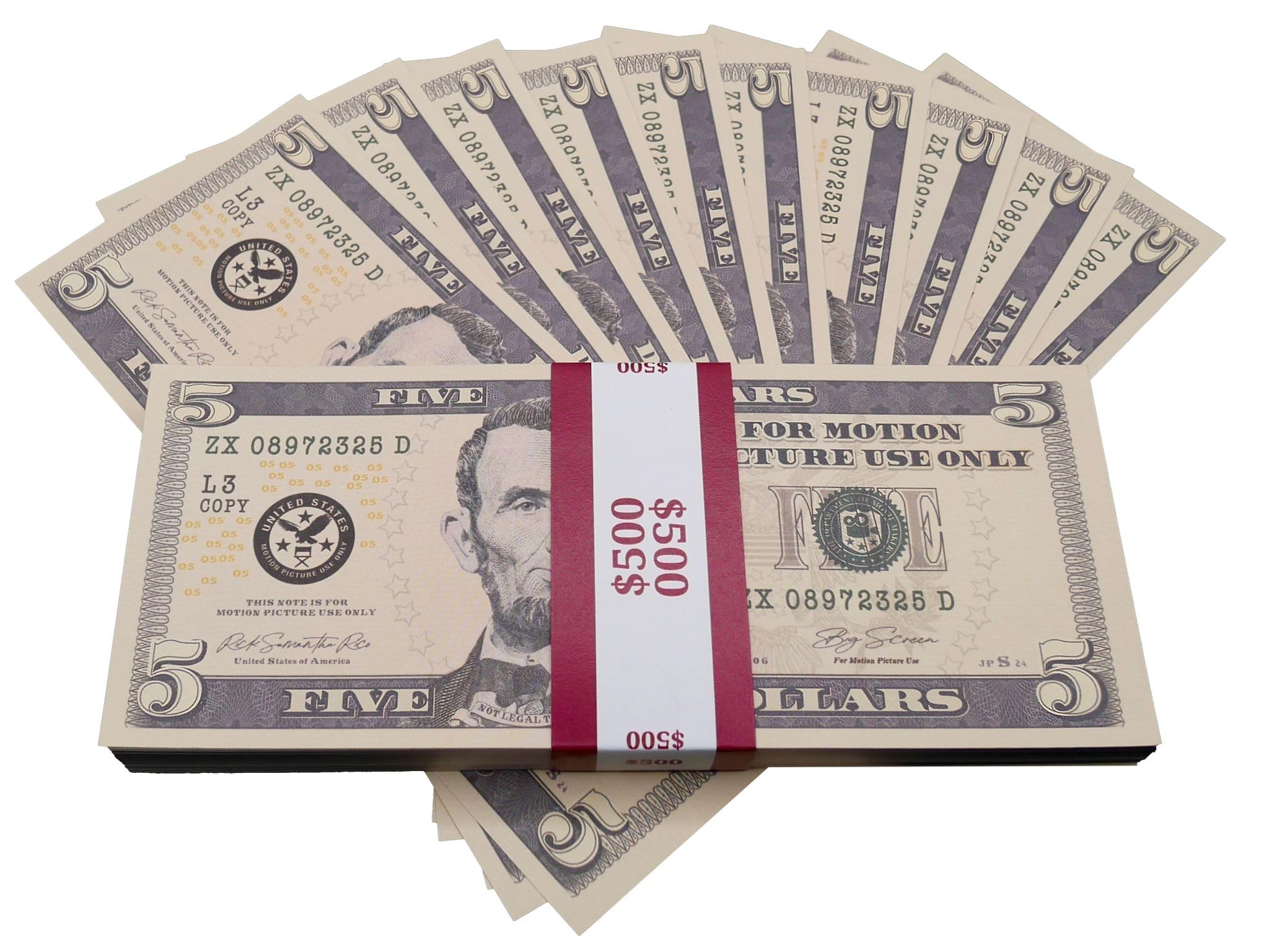 Big Screen Stacks - Prop money $5 dollars | 100 full print $5 dollar bills | $500 Stack | Fake money for movies, play, party, money gun, fancy dress, casino games, magic tricks & learning