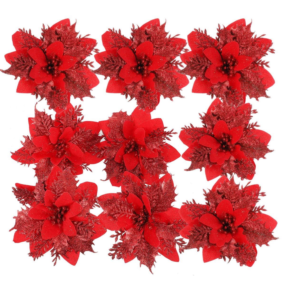 TOYANDONA 24 Red Glitter Poinsettia Christmas Flowers Artificial Flowers for Christmas Decor (12 cm x 12 cm x 1 cm)