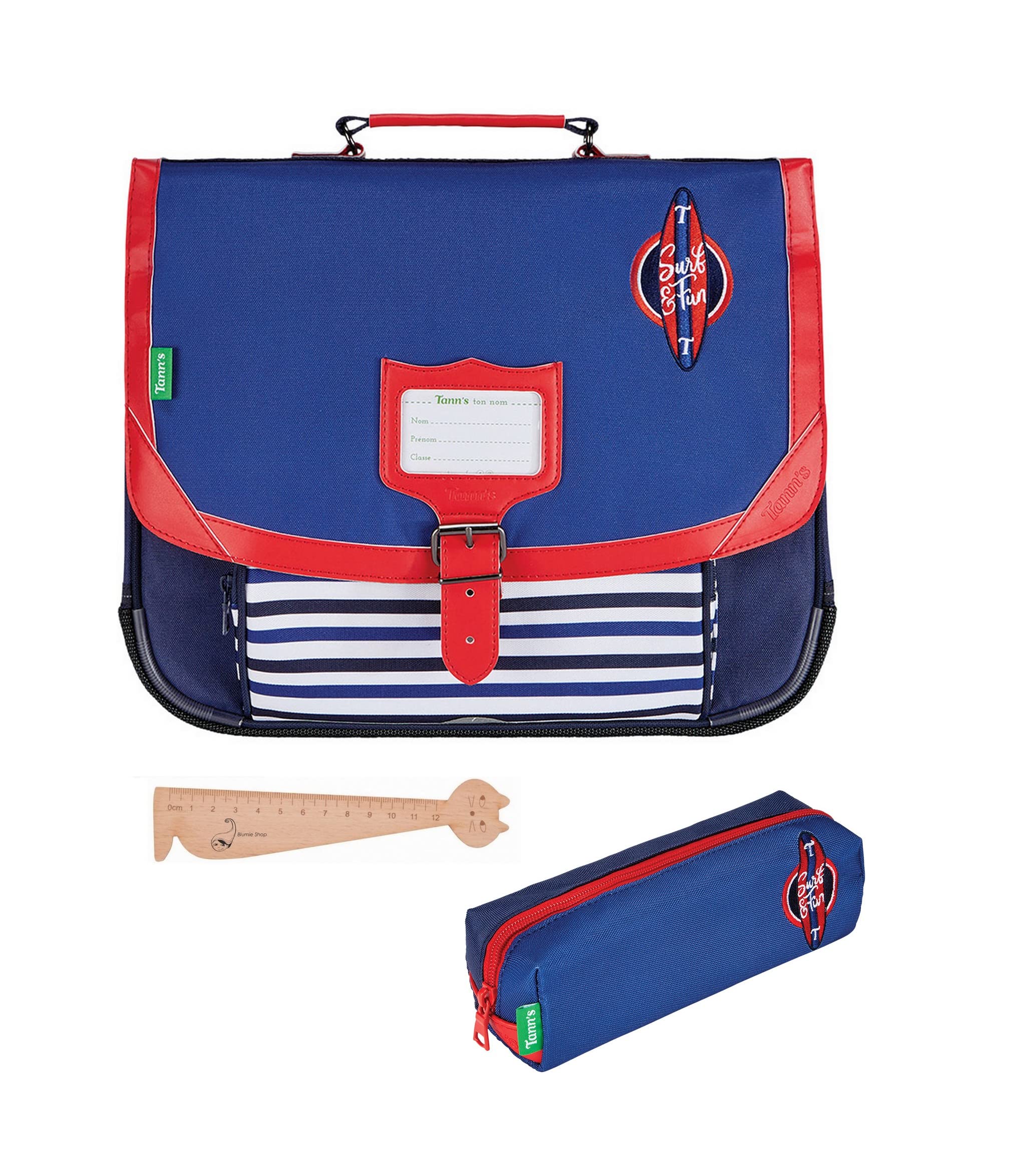 TANN'S Boys' School Bag 38 cm + Assorted Rectangular Pencil Case + Blumie Cat Wooden Bookmark, Hugo, 38 cm, Casual