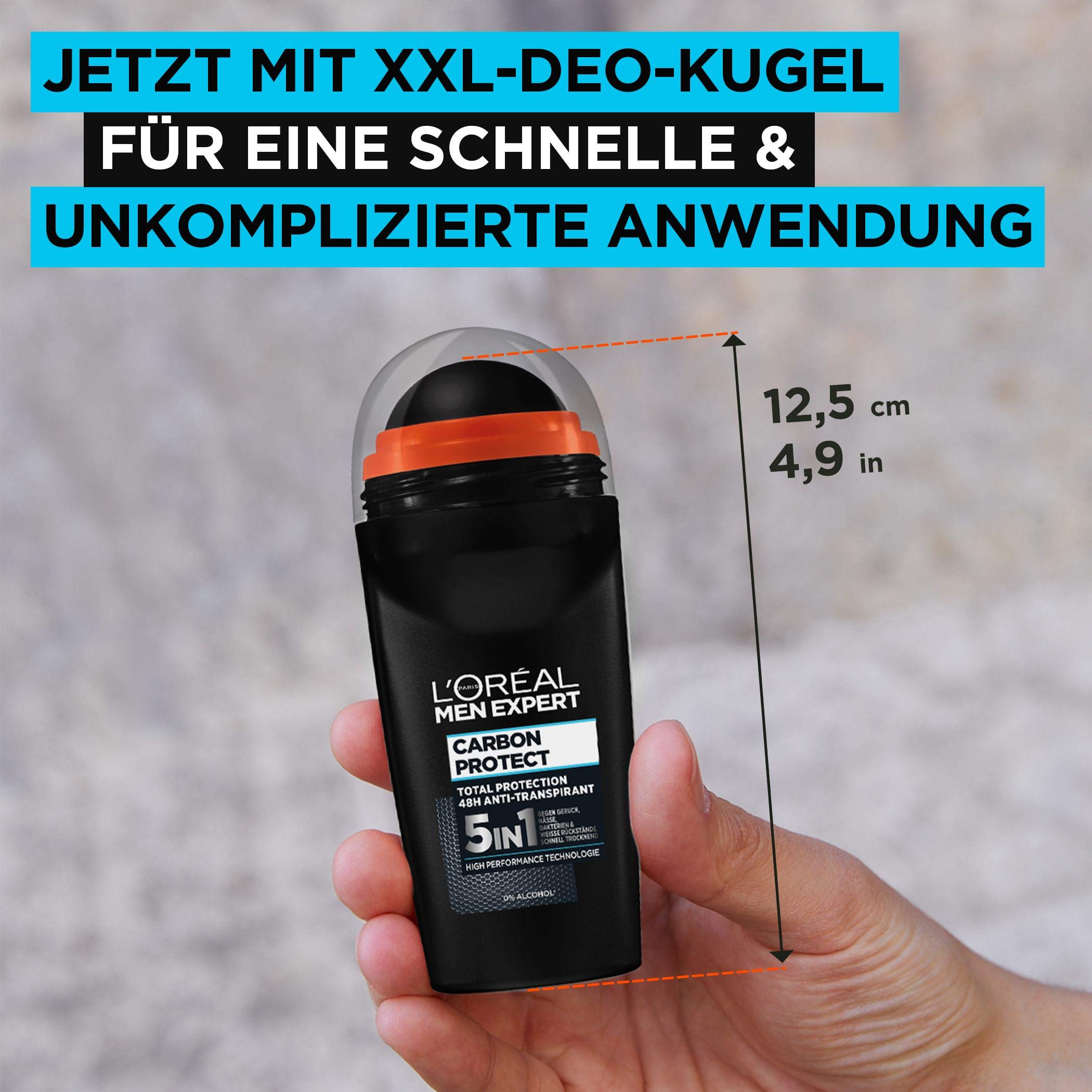 L'Oréal Men Expert Deo für Männer, 5-in-1 Deoroller gegen Geruchsbildung, Nässe, Bakterien und weiße Rückstände für bis zu 72 Stunden Frische, Carbon Protect, 6 x 50 ml 5