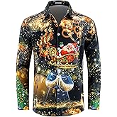 TIXMIE Men's Christmas Santa Claus Funny Print Long Sleeve Button Down wrinkle-resistant Holiday Party Shirt