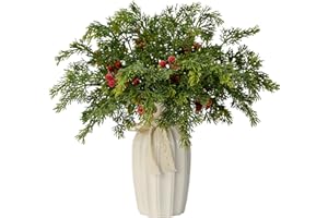 KUNJOCY 40PCS Christmas Artificial Pine Branches Frosted Berry Stems Fake Evergreen Norfolk Cypress Sprigs Holly Berries Winter Greenery Picks for Vase Filler DIY Craft Garland Home Decor (Green & Red)