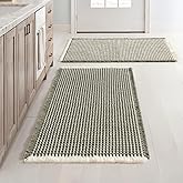 MIULEE Set of 2 Waffle Bathroom Rugs, Boho Bath Rugs Non Slip Washable, Super Absorbent Bath Mats, Ultra Soft Rubber Backed Shower Mats for Bathroom Floor, Tub, Green & Cream, 18x30 Inch