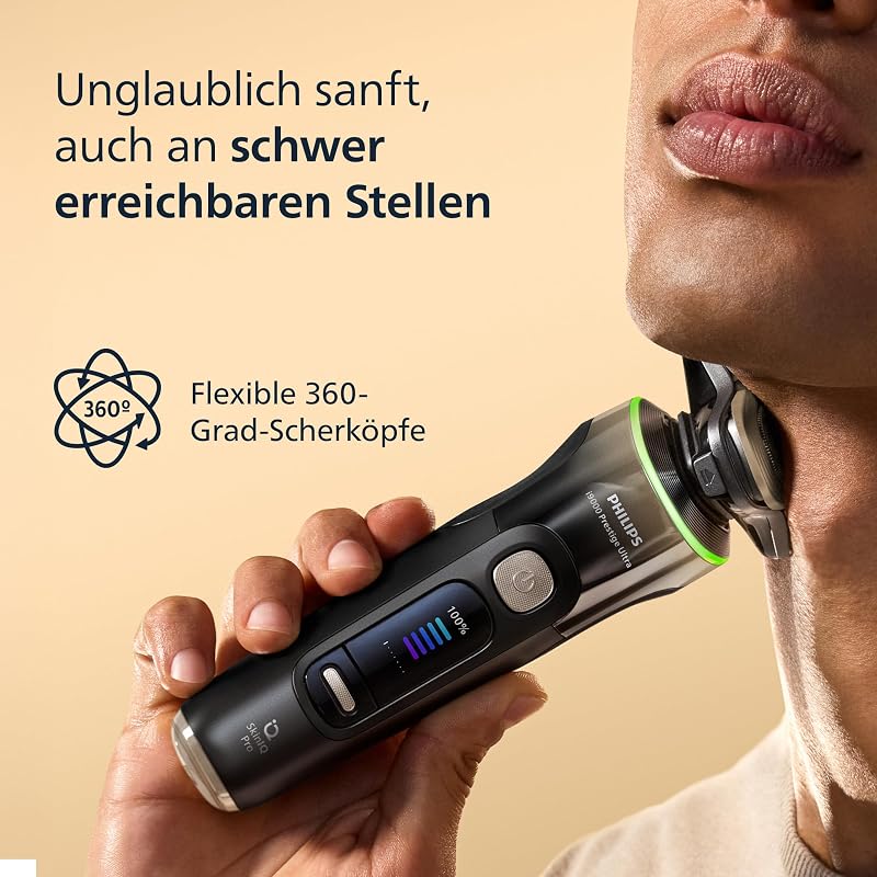elektrischer Rasierer i9000 Prestige Ultra für Herren, Nass- und Trockenrasur, schwarz, Druck- und Bewegungssensor, Trimmeraufsatz, Reinigungsstation, Ladestation und Reiseetui (XP9405/31)