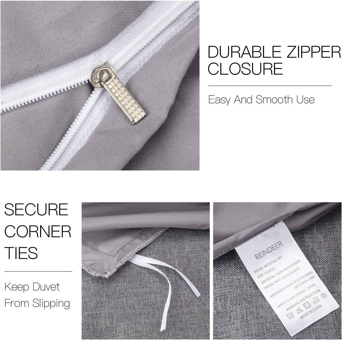 Reindeer 3 Pieces Duvet Cover Queen - Soft Brushed Microfiber Queen Size Comforter Set Breathable Bedding Set with Zipper Closure & Corner Ties, Gray: Home & Kitchen