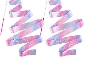 HiUnicorn 2PCS Sparkly Dance Ribbon for Kids Girls Princess Mermaid Ballet Ballerina Gymnastics Birthday Party Favors Decorations, 6.6 Ft Twirl Streamer Ribbon Dancer Wands for Class Talent Shows