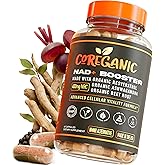 Coreganic Organic NAD+ Supplement – 400mg NRC with Resveratrol, Ashwagandha, Beet Root, & Black Pepper – Cellular Energy, Healthy Aging, Brain Support & Vitality – 60 Vegan Capsules