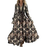 domirica Womens Boho Dresses Vintage Western Pastoral Long Dress Sexy V Neck Long Sleeve 2025 Spring Fall Casual Maxi Dress