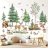 wondever Large Pine Tree Woodland Animals Wall Stickers Forest Birch Bear Deer Fox Peel and Stick Wall Art Decals for Baby Nursery Kids Bedroom