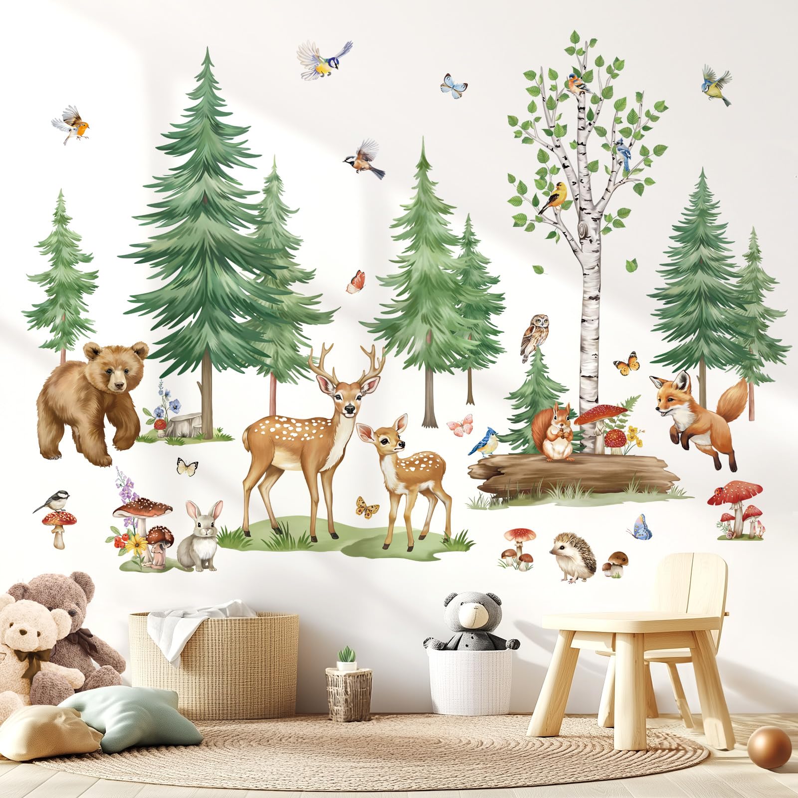wondever Large Pine Tree Woodland Animals Wall Stickers Forest Birch Bear Deer Fox Peel and Stick Wall Art Decals for Baby Nursery Kids Bedroom
