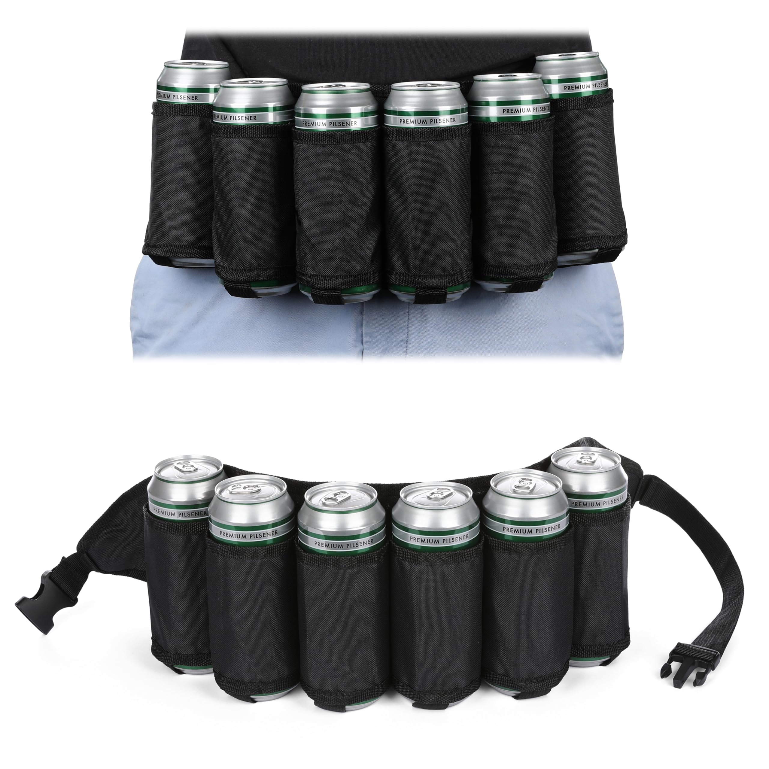 FunX Beer Belt Beer Holster for 6 Beer Bottles or Cans - Adjustable Beer Holder for Festivals, JGA's, Parties, Carnival and Camping - 72-120 cm, black, standard size, Waist bag