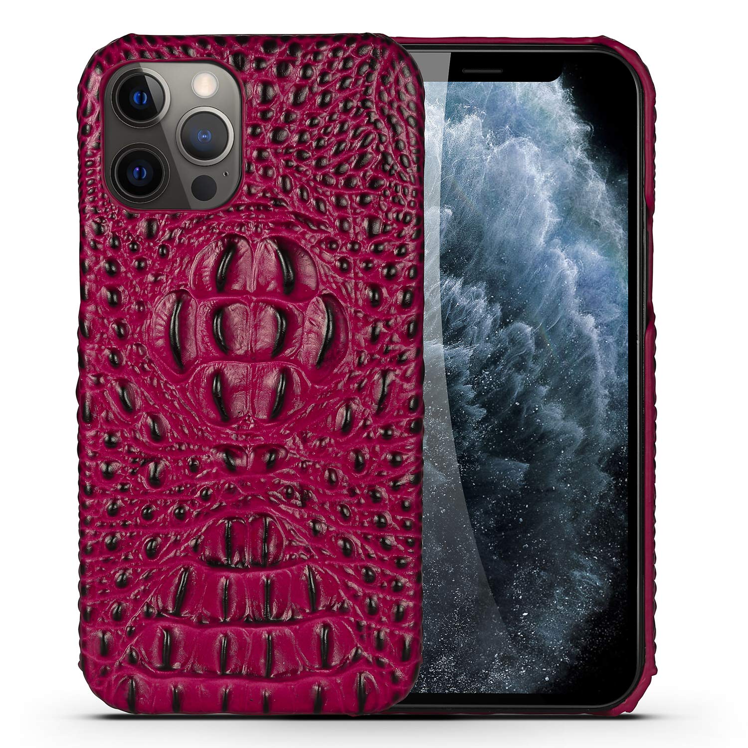 nincyee Genuine Leather Basic Case for iPhone 12 Pro and iPhone 12,Luxurious Crocodile Head Relief Premium Real Leather Handmade Case Half Wrapped Red — image 1