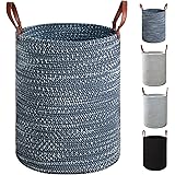 TOTANKI Large Cotton Rope Laundry Storage Basket - 15.7 Inches(D) x 19.7 Inches(H) - Collapsible Woven Basket with Leather Ha