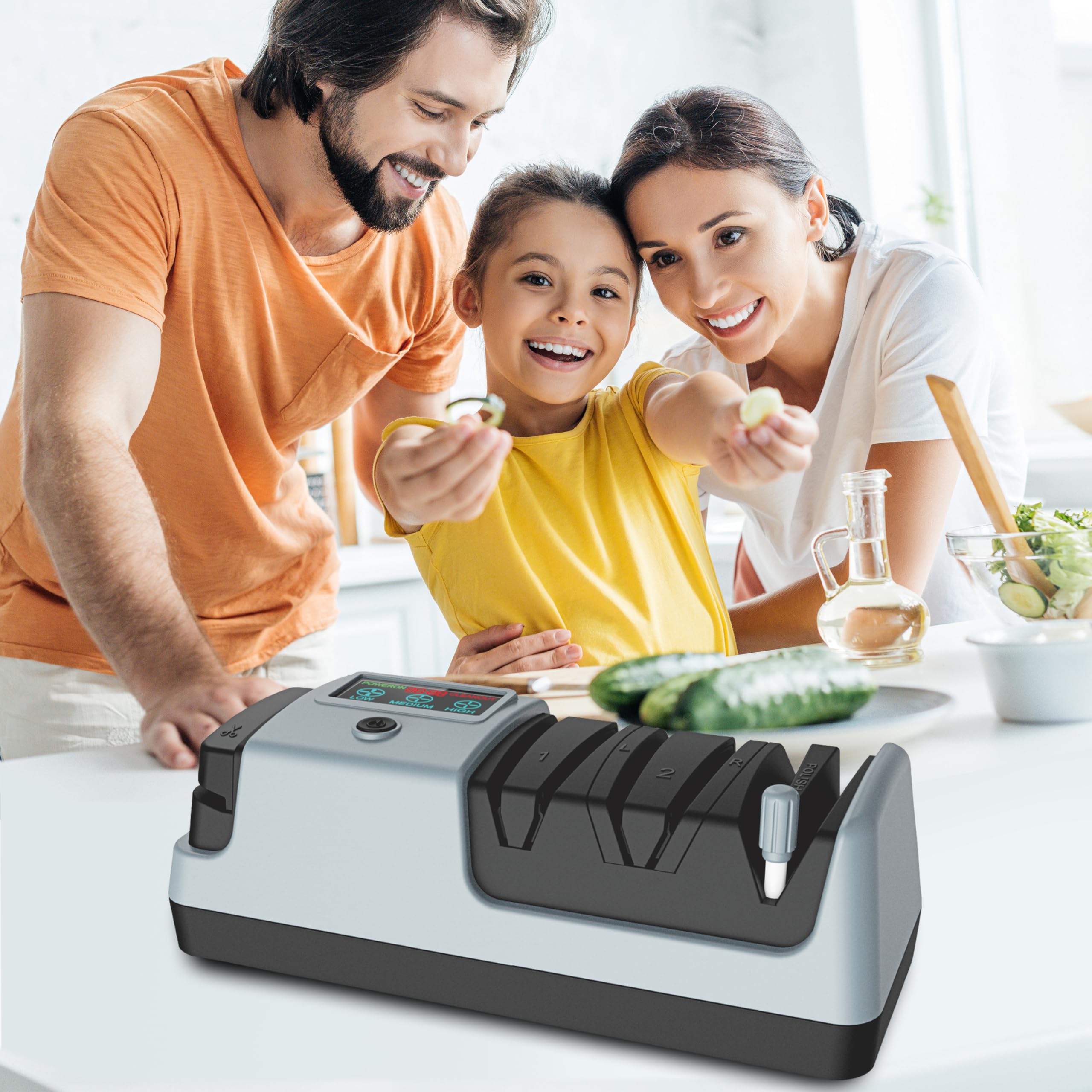 YOORLEAY 5 in 1 Elektrischer Messerschärfer-3 Rotationsgeschwindigkeiten einstellbare elektrische Messerschärfer, geeignet für Messer mit gerader Klinge, gezackte Messer & Scheren,Grau 2