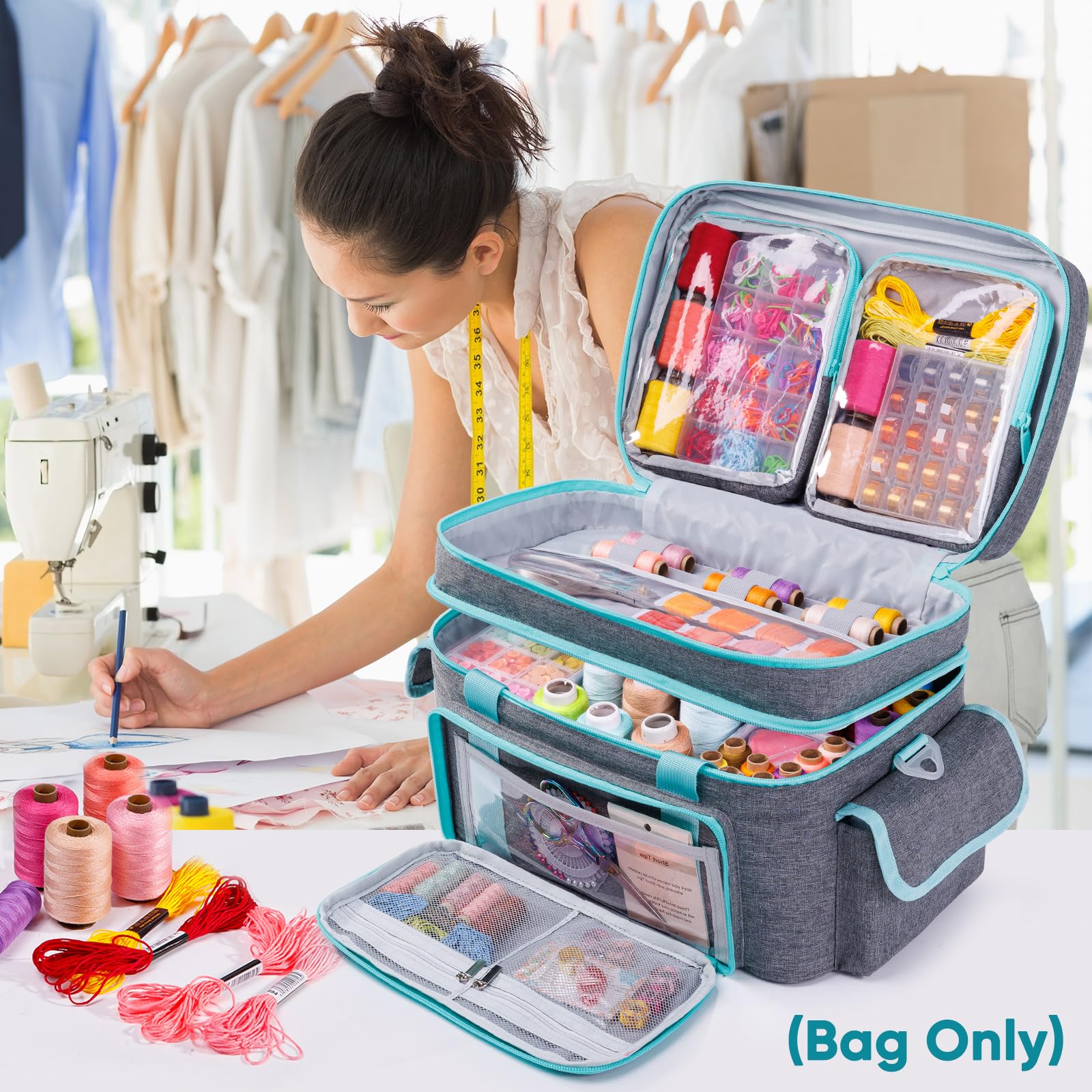AMOIGEE Double-Layer Sewing Storage Bag with 2 Detachable Pouches – Large Sewing Organizer with Shoulder Strap, Elastic Loops & Dividers for Sewing Supplies, Tools & Accessories